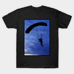 Parachuter Silhouette in Beautiful Blue Sky with a Black Border T-Shirt